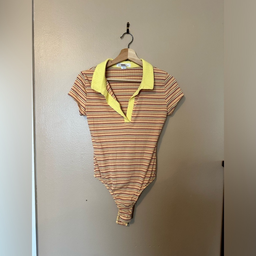 Birch and Stone Collared 90s inspired short sleeve striped bodysuit orange SZ S